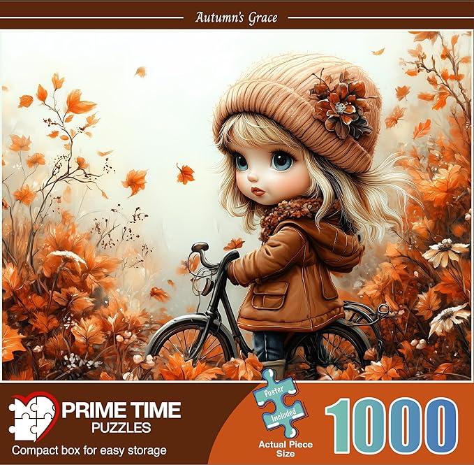 1000 Piece Jigsaw Puzzle for Adults - Cute Girl with Bicycle in Colorful Fall Leaves and Flowers - Challenging Puzzle Perfect for Game Nights - 20x27 inches (Autumn's Grace)