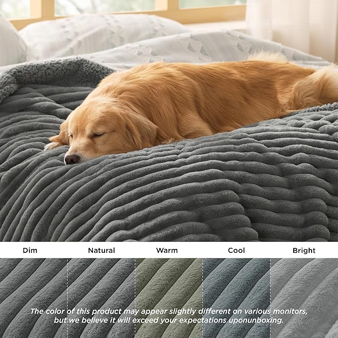 Bedsure ComfyFleece™ Waterproof Dog Blankets for Large Dogs - Soft Pet Cat Blanket Corduroy Fleece for Couch Bed Protector Washable, Cozy Calming Reversible Furniture Protection,50"x60", Warm Grey