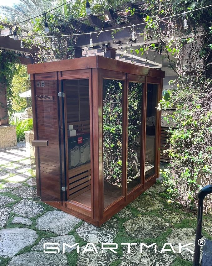 Smartmak Customized Outdoor Steam Sauna, 4-8 Person Canadian Hemlock/Red Cedar Wood Sauna Room, Traditional Saunas with 220V ETL-Certified Heater, Backrest Headrest, Rocks, Light Included, 195℉