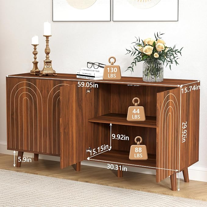 weselon 59" Buffet Cabinet with Storage, Modern Accent Sideboard Storage Cabinet with 4 Doors & Carving Lines, Wooden Coffee Bar Table Console for Living Room Kitchen Office and Hallway (Walnut)