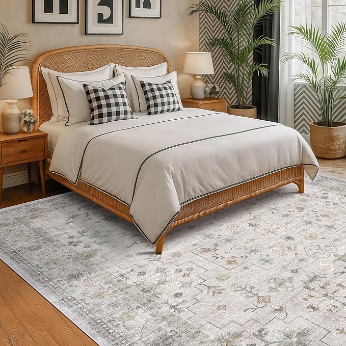 Boho Living Room Rug 7x10 - Washable Light Gray & Sage Area Rug for Dining Under Table, Low Pile Non-Slip Large Bedroom Carpet, Modern Eclectic Geometric Neutral Floral Décor