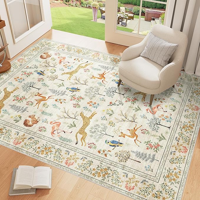 DUKINO 4x6 Area Rug, Non Slip Animal Washable Rug for Living Room, Beige | Soft, Low Pile, Stain Resistant Indoor Carpet for Bedroom, Dining Room, Nursery, Farmhouse, Pet Friendly, Non-Shedding