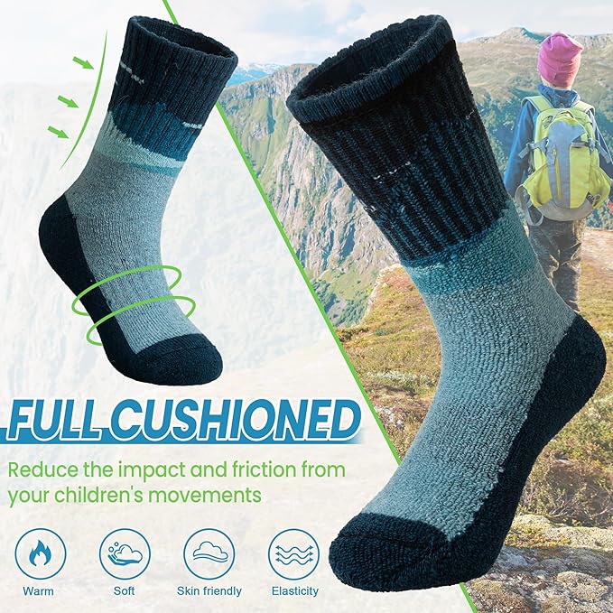 WEVIAS Kids Merino Wool Hiking Socks Boys Thermal Winter Cozy Boot Warm Cushion Socks 6 Pairs