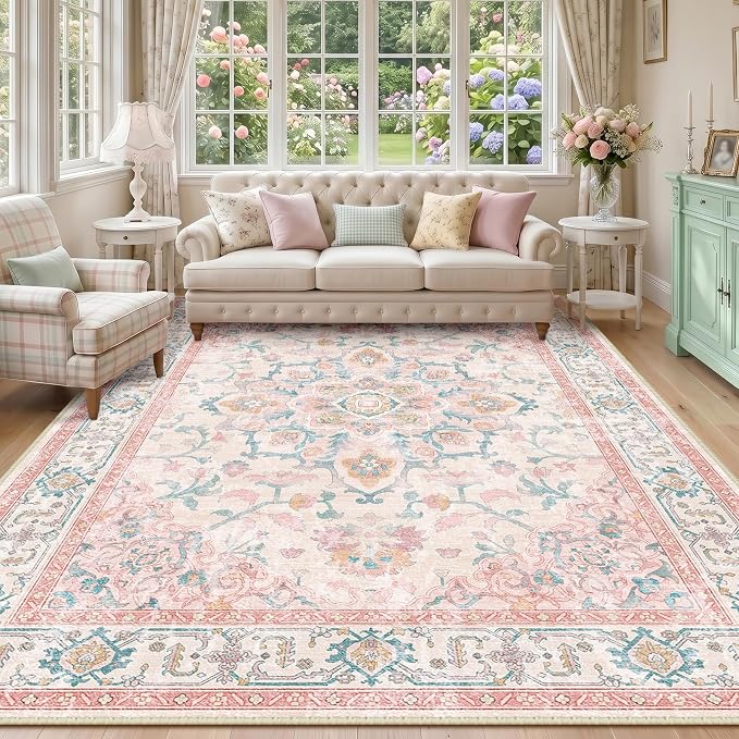 CAPALOCA 9x12 Washable Nursery Girls Low Pile Area Rug Pink Teal | Non-Slip Soft Rugs for Bedroom Kids Playroom Living Room, Print Pattern Water Repellent Carpet Indoor Decor