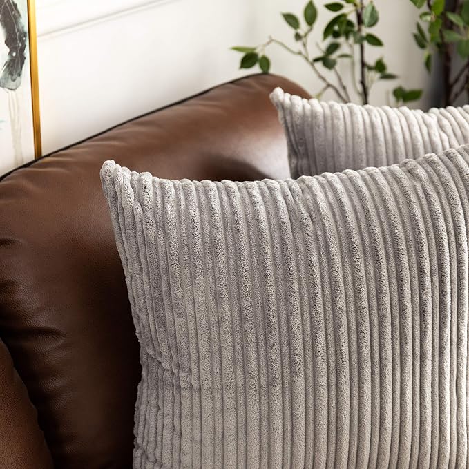 UGASA Pack of 2, Velvet Pillow Covers Striped Decorative Throw Cushion Case with Hidden Zipper for Home Couch/Bedroom/Car, Soft Cozy Solid Square (20"x20", Light Grey)