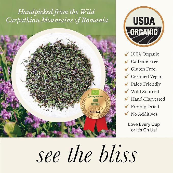 Wild Bliss Organic Wild Breckland Thyme Tea - Caffeine Free Loose Leaf Herbal Tea - Respiratory and Digestion Support - 7.05 Oz - 100 Servings