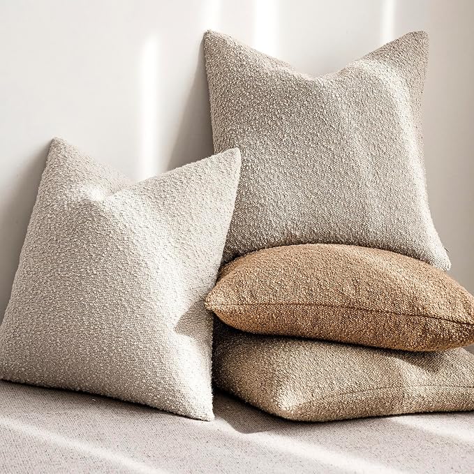 Foindtower Pack of 2, 20 x 20 Inch, Decorative Textured Boucle Throw Pillow Covers Accent Solid Pillow Cases Cozy Soft Couch Cushion Case for Chair Sofa Bedroom Living Room Home Decor, Beige