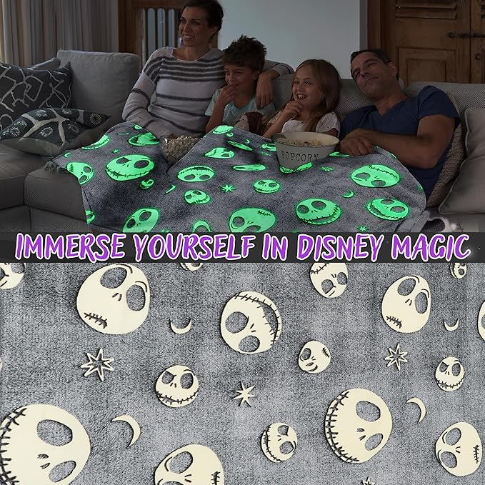 Disney The Nightmare Before Christmas Glow in The Dark Throw Blanket 51x59” for Kids Teens Adults, Soft Fleece Throw Blanket Sofa Bed, Gifts for Kids (Grey TNBC)