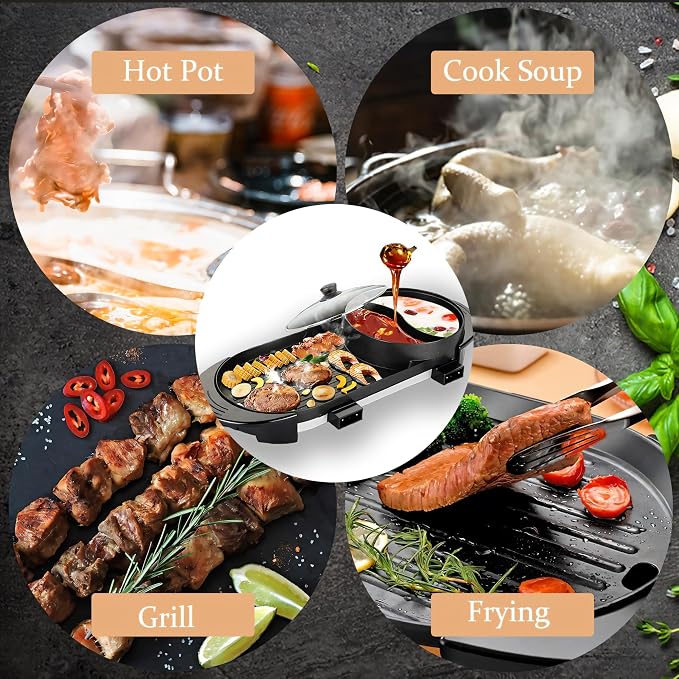 Electric Hot Pot Grill Combo 1500W Black | 2-in-1 Korean BBQ Shabu Shabu Cooker with Yin-Yang Divider, Large Capacity Separate Temp Control for Family Gatherings Indoor