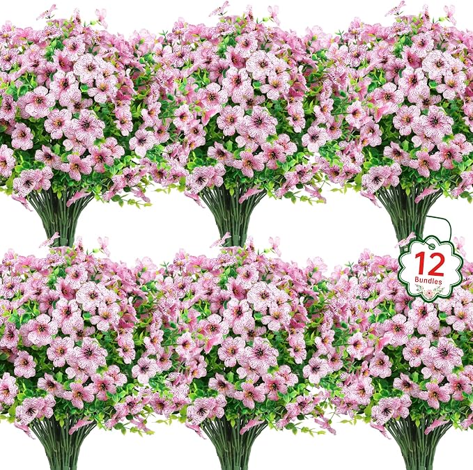 Ouddy Decor 12 Pcs Artificial Flowers for Outdoors Decorations, Pink | Lifelike silk flowers, UV resistant, faux plastic plants, for garden porch window table vase home indoor outdoor decor