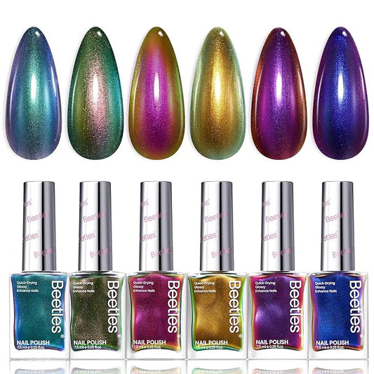 Beetles Chrome Nail Polish Set - Chameleon Holographic Ember 6 Colors Air Quick Fast Dry Metallic Nail Polish Long Lasting DIY Fingernail Art Home Salon Spring Gifts for Girls Women