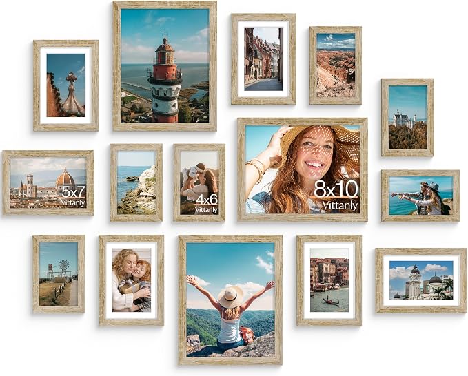 Vittanly 15 Pack Picture Frames Collage Wall Decor, Wall/Tabletop Display | Light Wood, Multi-Size Gallery Wall Frame Set: 3pcs 8x10, 6pcs 5x7, 6pcs 4x6. Picture Frame Set for Family