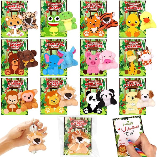 24 Pack Valentines Day Cards for Kids Classroom with Valentines Animals Plush Toys Valentines Day Gifts for Kids School Valentines for Class Exchange Cards Valentines Party Favors Prizes Girls Boys