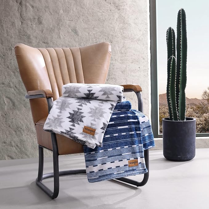 Wrangler - Blanket, Super Soft Sherpa Bedding, Yellowstone Inspired Throw Blanket for Couch or Bed (Logan Stripe Blue, 50" x 60")