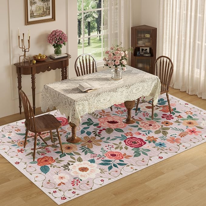 DUKINO 5x8 Area Rug for Bedroom, Soft Floral Washable Rug Non Slip, Beige | Low Pile, Non-Shedding Thin Indoor Rug for Living Room, Dining Room, Kids Room, Office, Nursery, Pet Friendly, Home Decor
