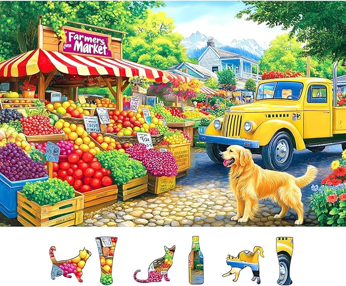 Farmers Market Jigsaw Puzzle 500 Pieces for Adults Colorful Fruits Vegetables Puzzles with Letters on Back Vibrant Cozy Countryside Scene Fun Family Puzzle for Seniors