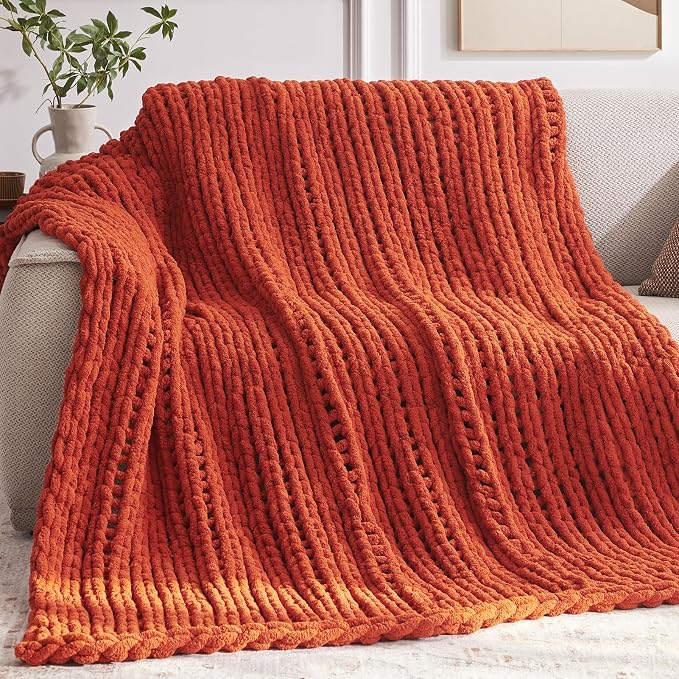 Negwoo Chunky Knit Throw Blanket, Knitted Throw Chenille Yarn, 40"*50" | Soft Thick Cable Knitted Blankets, Handmade Big Thick Blanket, Machine Washable Cute Comfy Blanket for Home Decor, Orange