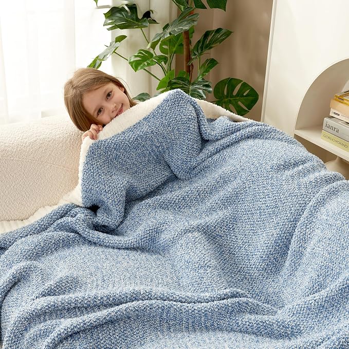 Snuggle Sac Blue Throw Blankets for Couch, Reversible Super Soft Warm Blankets Cozy Knit Blanket Fuzzy Plush Throws for Sofa, Bed, Gift, Heather Blue, 50 x 60 inches