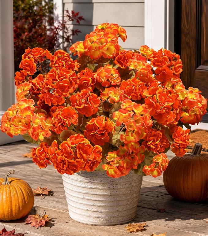 Fake Geraniums Artificial Flowers for Outdoors Fall Autumn Decoration, 6 Bundles Silk Geraniums Look Real Faux Fall Flowers Plants for Front Door Garden Planter Patio Balcony Yard Home Indoor, Mix