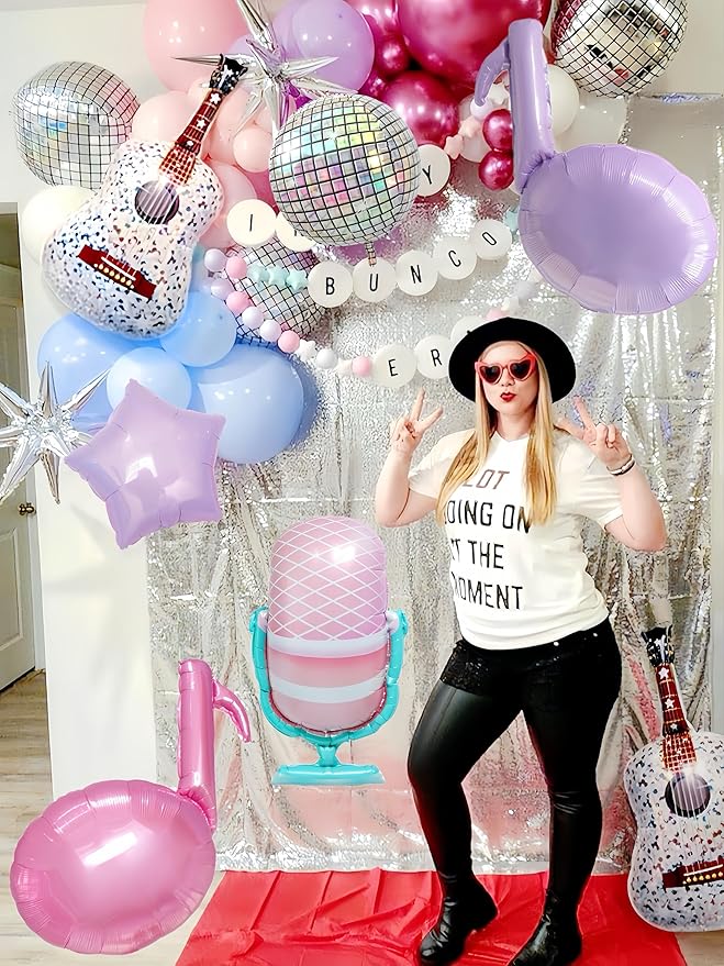 7Pcs Pink Purple Music Note Balloons for Singer Fans Party Decoration/Tayl Singer Birthday Decor/Korean Idol Demon Hunters Concert Balloon/Iridescent Disco Ball Foil Balloons/Popular Singer Supplies