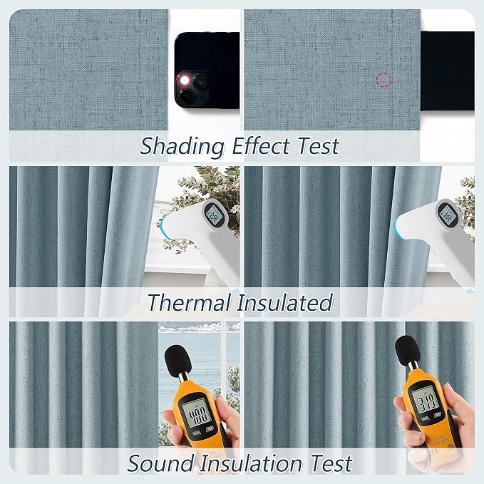 Guken Blue 100% Blackout Linen Curtains 144 Inch Length 2 Panels Set for Living Room Bedroom Back Tab Thermal Insulated Black Out Drapes Room Darkening Farmhosue Window Curtains Dusty Blue 52x144