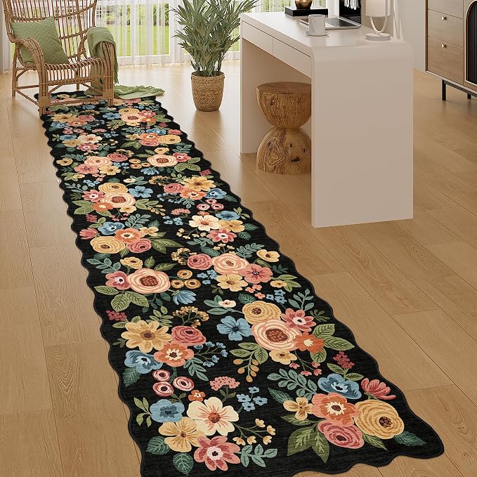 DUKINO 2.6x10 Runner Rug for Hallway, Floral Washable Rug Non Slip, Black | Soft, Low Pile, Lightweight Indoor Throw Rug Runner for Entryway, Bedroom, Bathroom, Laundry, Pet Friendly, Modern Home Decor
