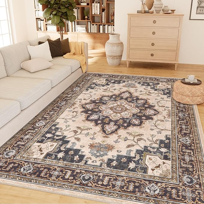 CAPALOCA 6x9 Washable Nursery Girls Low Pile Area Rug Coffeebeige | Non-Slip Soft Rugs for Bedroom Kids Playroom Living Room, Print Pattern Water Repellent Carpet Indoor Decor