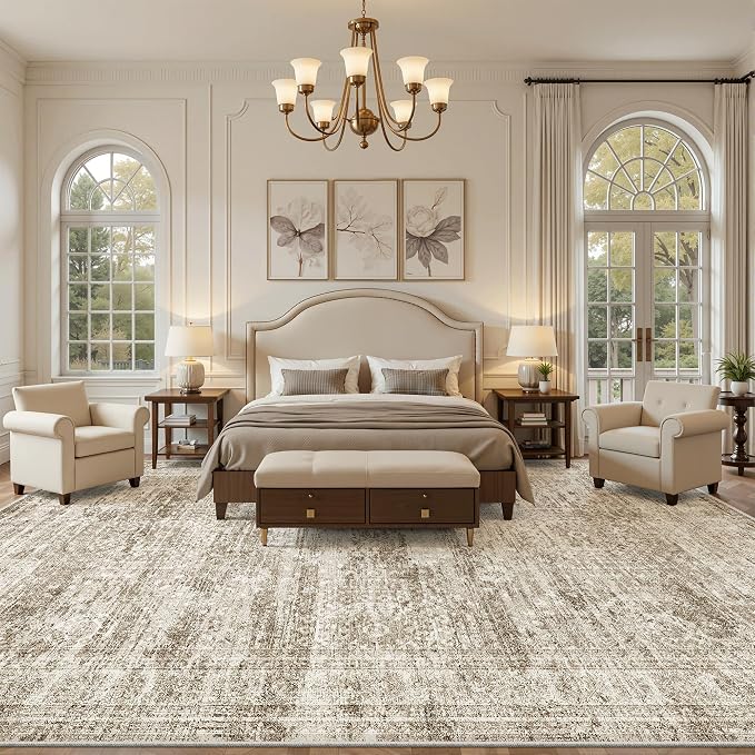 Soalmost 10x14 Area Rugs for Living Room Washable Rug Non-Slip Brown | Large Vintage Stain Resistant Carpet for Dining Bedroom, Low Pile Lightweight Foldable Floor Mat Nursery Home Office Decor