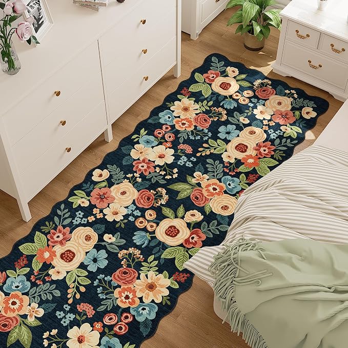 DUKINO 2.6x10 Runner Rug for Hallway, Washable Rug Non Slip, Navy Blue | Non Slip, Low Pile, Soft, Floral Indoor Throw Rug Runner for Entryway, Bedroom, Bathroom, Laundry, Pet Friendly, Home Decor