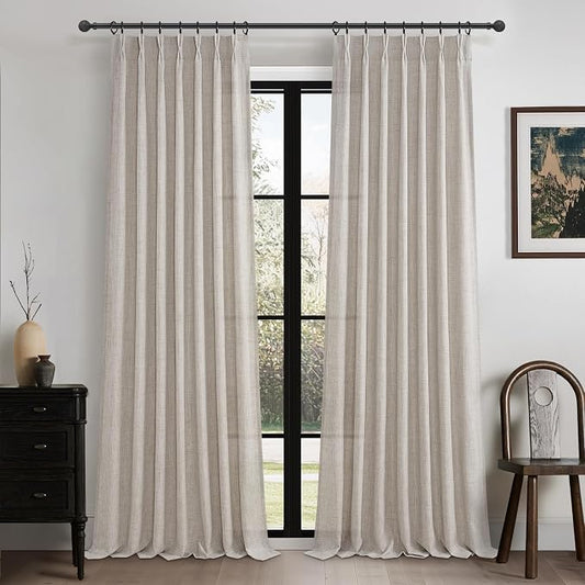 70 Inch Extra Wide Pinch Pleated Linen Light Filtering Dining Room Curtains 102 Inches Long, Greyish Brown Memory Trained Privacy Boho Sheer Curtain Energy Efficient Heavy Windows Drapes 2 Panels Set