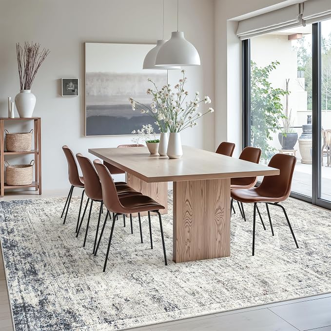 Soalmost Washable Area Rug 8x10 Large Soft Living Room Rugs Blue/Ivory | Vintage Non-Slip Carpet for Dining Bedroom, Stain Resistant Low Pile Foldable Lightweight Floor Mat Under Table Home Decor