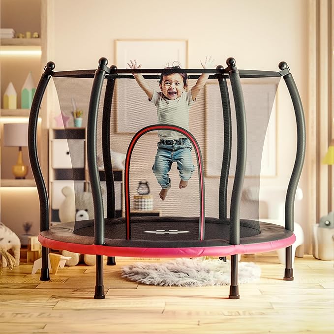 Happin® 55â€ Toddler Trampoline Indoor & Outdoor Playset, 5FT Kids Trampoline, Ultra Safe Mini Trampoline for Kids with Safety Enclosure Net, Gifts for Birthday with Basketball Hoop