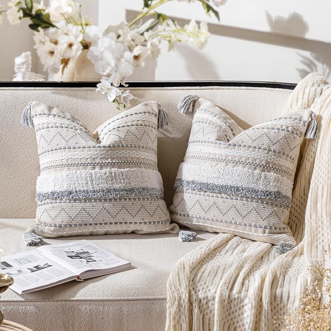 Gray Decorative Throw Pillow Covers 18X18 Combo Set of 2 Square Boho Neutral Grey Accent Pillowcase Tassels Farmhouse Cushion for Couch Sofa Bedroom Living Room Home Décor Cover ONLY