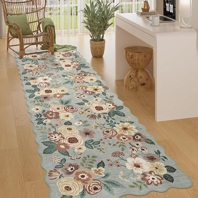 DUKINO 2.6x8 Runner Rug, Floral Washable Kitchens Rug Non Slip, Sage Green | Low Pile, Stain Resistant, Soft Throw Carpet Runner for Hallway, Entryway, Bedroom, Bathroom, Pet Friendly, Modern Home Decor