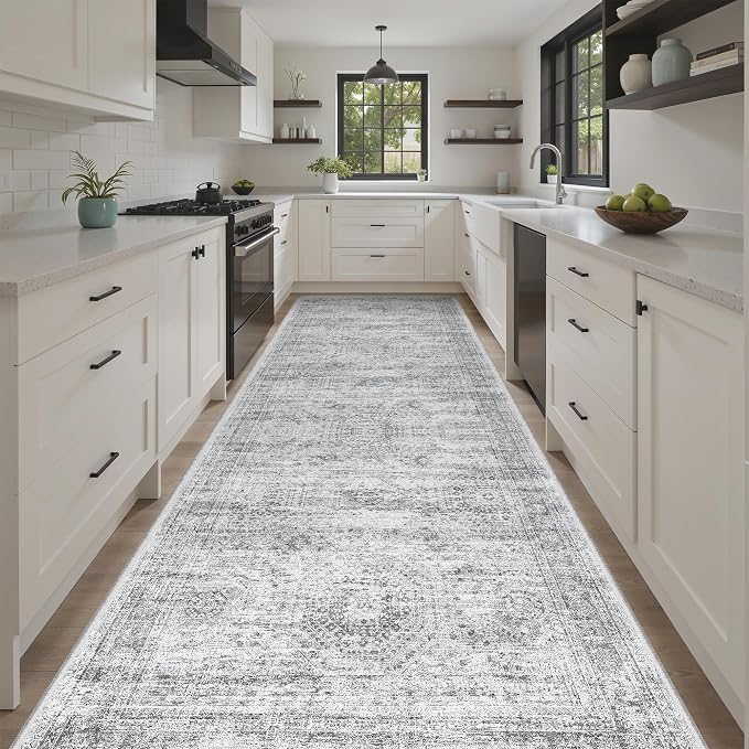 Soalmost Washable Hallway Runner Rug 4x12 Kitchen Entry Rugs Non-Slip, Grey | Vintage Wide Runners for Living Dining Room Entryway, Stain Resistant Low-Pile Long Floor Carpet 12ft for Nursery Bedroom