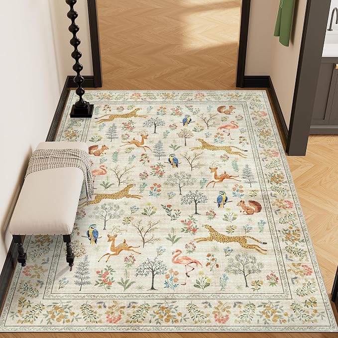DUKINO 3x5 Rug, Washable Animal Area Rug for Bedroom Non Slip, Beige | Low Pile, Stain Resistant, Soft Indoor Carpet for Living Room, Kitchen, Dining Room, Nursery, Lightweight, Pet Friendly