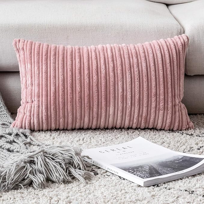 UGASA 14x24 Inch Pillow Cover Pack of 1 Valentine's Day Soft Boho Stripe Corduroy Long Rectangular Lumbar Cushion Cover Decorative Throw Pillows for Bed, Couch, Sofa, Bedroom, Living Room, Baby Pink