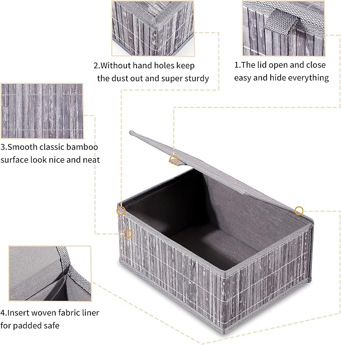 Honygebia Bamboo Decorative Storage Boxes - Set of 3 Woven Lined Storage Basket with Lids, Grey Marble Wicker Lidded Baskets for Home Kitchen Shelf Organizer Decor