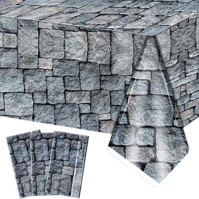 3 Packs Cobblestone Tablecloth Stone Printed Table Cover Medieval Table Decoration Plastic Tablecloth Stone Brick Tablecovers for Medieval Castle Knight Themed Party Supplies, 4.3 x 7.2 Feet