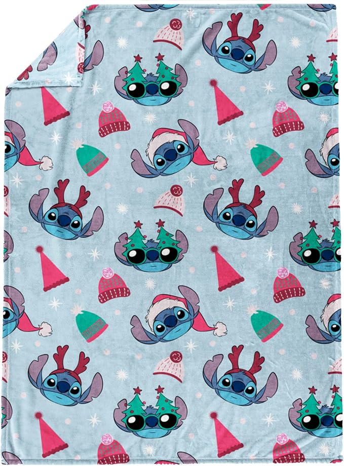 Jay Franco Kids Christmas Plush Throw Blanket – 50x70 Inches Soft & Cozy Fleece Throw for Holiday Bedroom & Couch Décor, Official Licensed Product, Light Blue - Lilo and Stitch