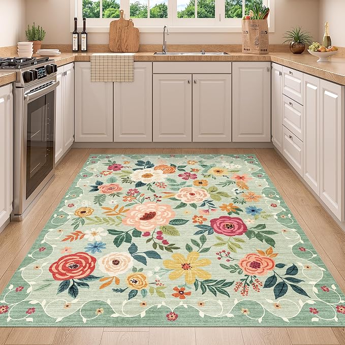 DUKINO 4x5 Area Rug for Entryway, Soft Floral Washable Rug Non Slip, Green | Low Pile, Non-Shedding Indoor Carpet for Bedroom, Kitchen, Living Room, Nursery, Pet Friendly, Stain Resistant, Home Decor