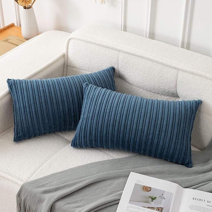 UGASA Velvet 12x20 Inch Lumbar Soft Throw Pillow Covers Decorative Corduroy Striped Both Sides Solid Rectangular Cushion Cases Boho Farmhouse for Couch Bedroom Sofa Home, Pack of 2, New-Dusty Blue