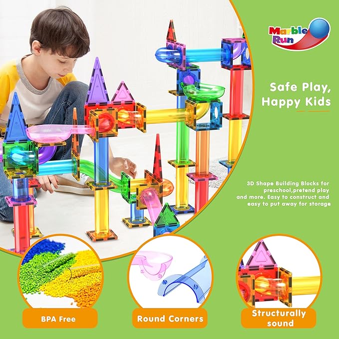 PicassoTiles 150pc Magnetic Marble Run Track Set STEM Construction Toy with Slides Ramps and Tubes Educational Magnet Tile Building Kit Kids Age 3 Plus Learning Gift for Boys Girls Preschool PTG150