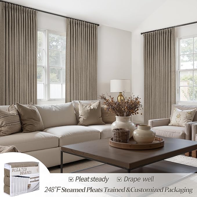 Extra Wide 70 Inch Dark Flax Light Filtering Room Divider Curtains 92 Inches Long 2 Panels Set, Memory Trained Pleated Natural Linen Privacy Semi Sheer Country 90-92 Inch Windows Drapes Brown Colored