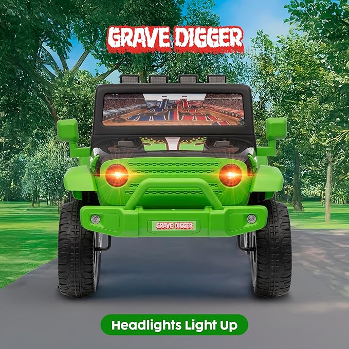 Monster Jam - 12V Kids Ride On Jeep with Rechargeable Battery, LED Headlights, Press-Button Start, Durable Wheels, Forward & Reverse Drive, Contoured Seat