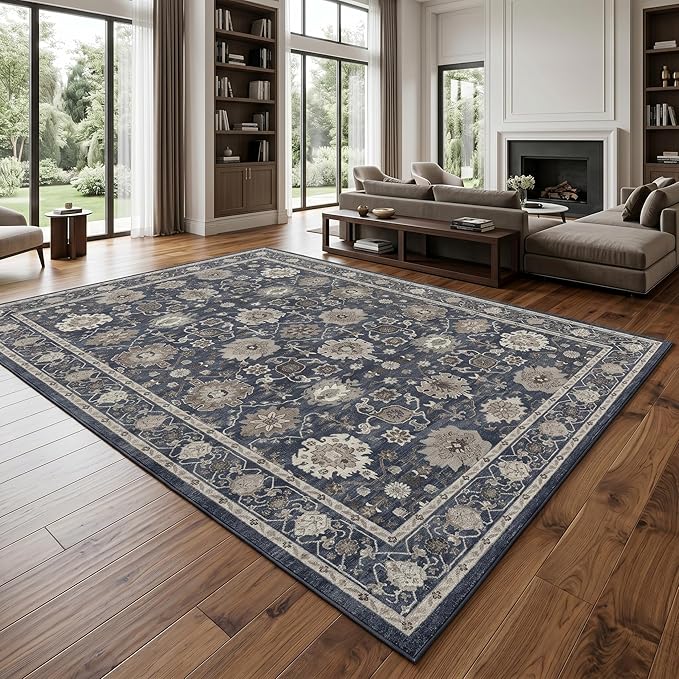 AMADA HOMEFURNISHING 8x10 Area Rug for Living Room,Vintage Washable Area Rug Low-Pile & Non-Slip Carpet for Bedroom Dining Room Nursery Home Office, Navy Blue/Brown