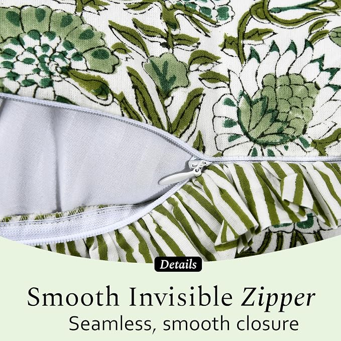 CPC Block Print Ruffle Throw Cover Agate Green 18"x18" Inch Pack of 2-100% Cotton Ruffle Couch Decorative Boho Pillows Case for Living Room, Bedroom, Sofa, Farmhouse Gift for Spring, Mother's Day