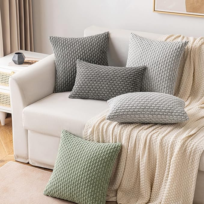 MIULEE Lumbar Decorative Throw Pillow Covers 12x20 Light Grey Corduroy | Textured Striped Pack of 2 Striped Pillow Covers Modern Farmhouse Home Decor for Couch Bed Sofa Living Room