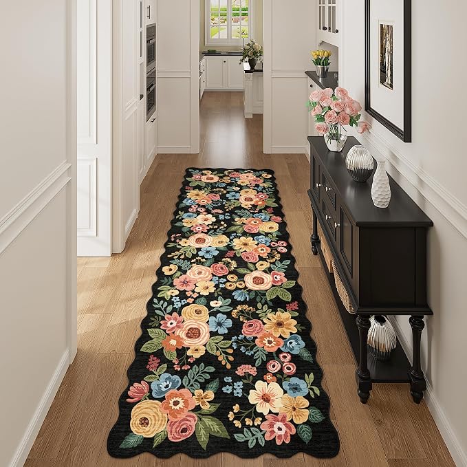 DUKINO 2x6 Runner Rug, Floral Washable Rug for Kitchen Non Slip, Black | Soft, Low Pile, Non-Shedding Long Runner Rugs for Kitchen, Entryway, Bedroom, Bathroom, Pet Friendly, Home Decor, Ultra-Thin