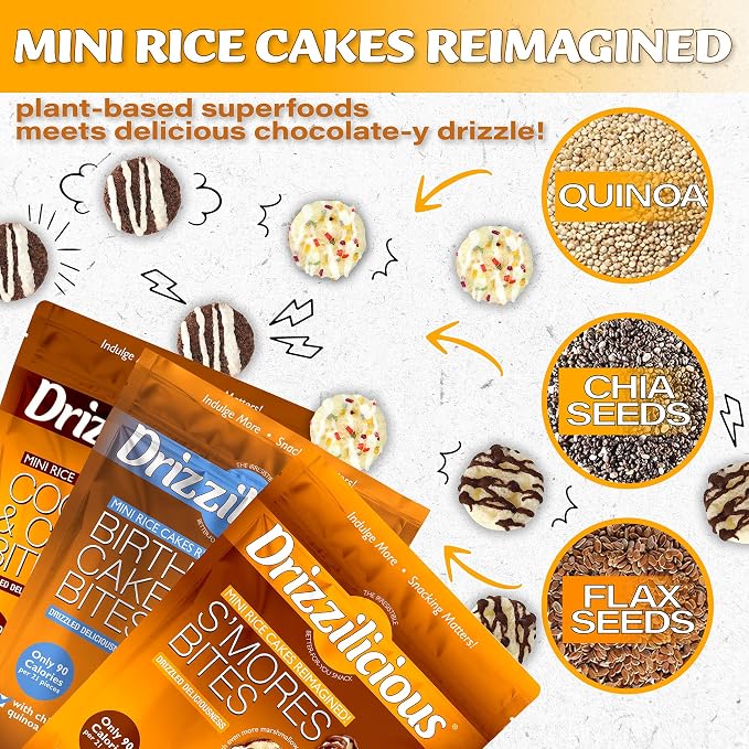 Drizzilicious Mini Rice Cakes Variety Pack- Rice Crisps, Healthy Snack for Adults and Kids, Flavored Rice Cakes, Vegan, Gluten Free Snack, Allergen Free, Only 90 Calories Per Bag- 0.74 oz (Pack of 12)